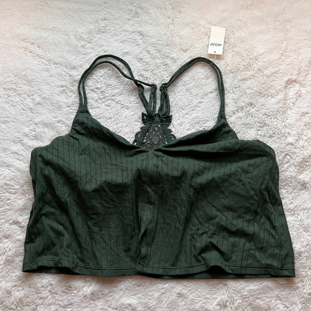Aerie Womens Ribbed Lace Racerback Cami Top Forest Green Medium 3391-230 NEW NWT